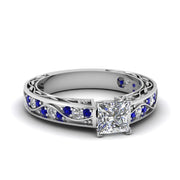 antique-filigree-lab-grown-princess-cut-ring-with-blue-sapphire-in-14K-white-gold-FDENS3543PRRGSABL-NL-WG